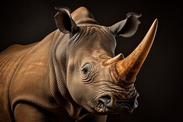 Portrait of a black rhinoceros on a dark background. Huge horn. Ceratotherium simum. White hillock. Generative AI