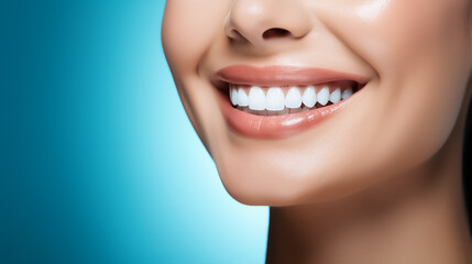 Beautiful healthy white smile on a light blue background, close-up photo of a young woman's face. Image for a dental clinic with copyspace.