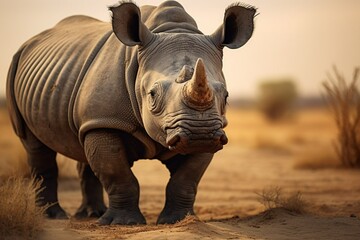 Fototapeta premium Portrait of an Indian rhinoceros in a desert with trees. small horn. Ceratotherium simum. Generative AI