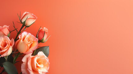Spring bouquet of orange roses on an isolated orange background with copyspace, pastel colors.