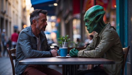 An alien meets a human in a cafe.