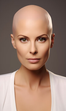 Beautiful young woman with bald head after chemotherapy on isolated gray background, World Cancer Day.