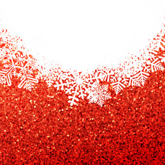 White rough snow background on red textured surface with glittering effect.