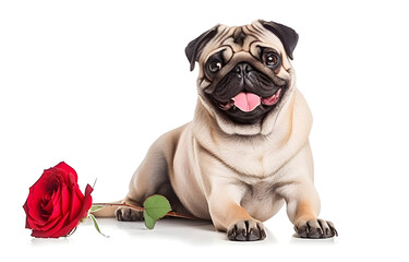 pug dog with red rose in its mouth isolated on white background