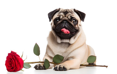 pug dog with red rose in its mouth isolated on white background - obrazy, fototapety, plakaty