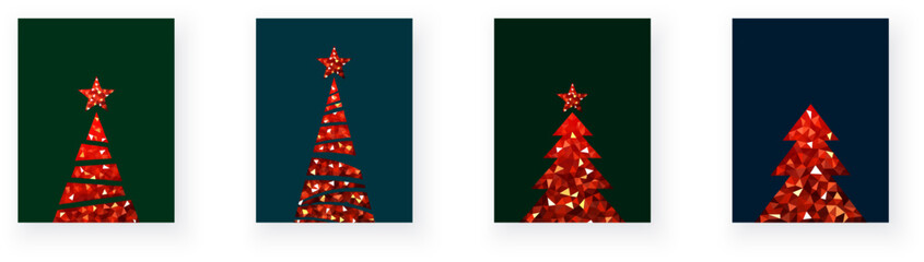 Fototapeta na wymiar Red polygonal Christmas tree symbols. Merry Christmas and Happy New Year Set of greeting cards