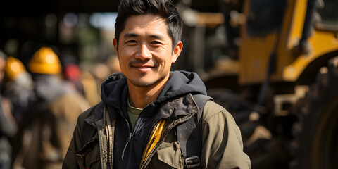 Fototapeta premium Asian worker on construction equipment background