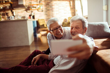 Senior couple holding smartphone at home