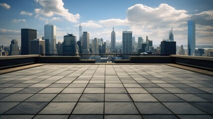 an empty square floor with the outline of a city. Square in the city. Skyscrapers