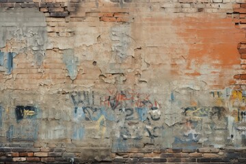 Grungy urban brick wall texture with graffiti and weathering.