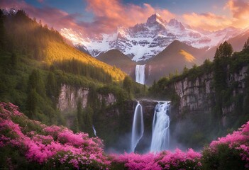 A majestic waterfall cascades down a sheer cliff face, its waters shimmering with hues of gold and pink as the first rays of dawn illuminate the scene - obrazy, fototapety, plakaty