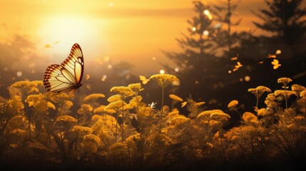 golden butterflies in a natural environment that complements their aesthetic. They have flowers, foliage or natural texture in the background.