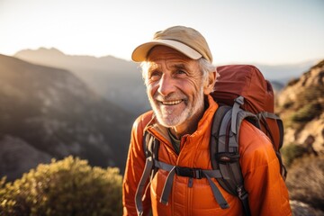 Naklejka premium Portrait of happy senior man hiker in nature
