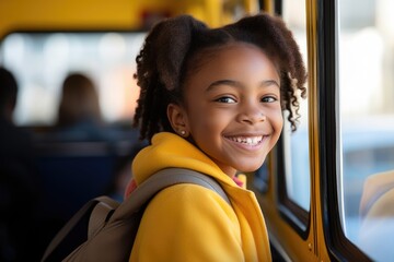 Portrait of happy little girl on school bus