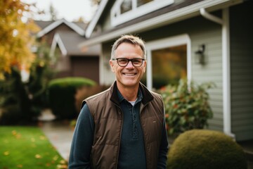 Portrait of middle aged man standing in front of house - obrazy, fototapety, plakaty