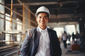 Smiling portrait of male architect on construction site - obrazy, fototapety, plakaty