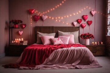 Interior of modern bedroom decorated for valentines day