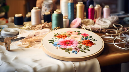 Handcrafted Embroidery Art with Vibrant Floral Design on Work Table with Sewing Supplies
