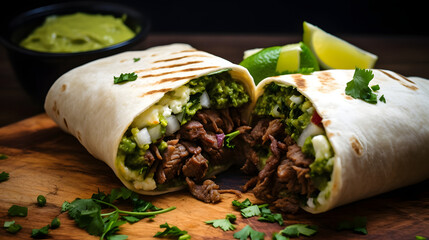 Grilled Steak Burrito with Guacamole and Fresh Cilantro on Wooden Board