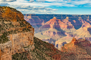 Grand Canyon in Arizona, USA. Skyline of Grand Canyon National Park. Panorama in beautiful nature landscape scenery at sunset in Grand Canyon National Park.