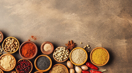 Mix of spices and herbs against a rustic wooden background 
