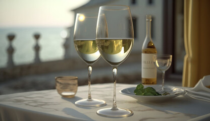 Glasses of white wine in a terrace of a hotel near to de sea