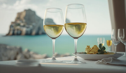 Glasses of white wine in a terrace of a hotel near to de sea