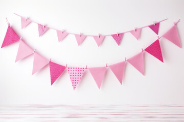 Triangular pink bunting flags. Festive decor. Generative AI