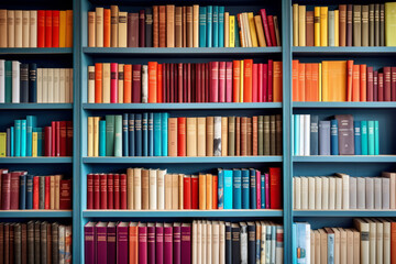Books in different genres and colors on a stylish bookshelf. Generative AI