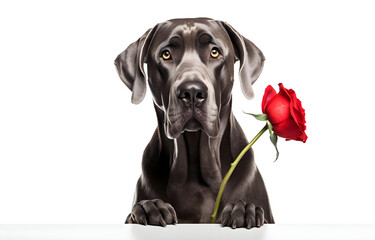 Great Dane dog with red rose isolated on white background - obrazy, fototapety, plakaty