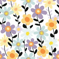 Seamless floral pattern with flowers and leaves on a white background. Vector illustration.
