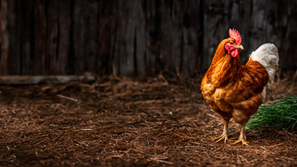 Galinha caipira em pé, dentro do galinheiro sobre chão de terra e feno.