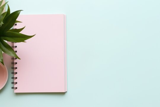 capturing a top view of a blank pink notebook mockup with a spiral binding, nestled next to a vibrant green plant on a cool aqua background