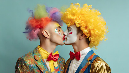 LGBT, karneval, kuss, close-up, hintergrund, konzept, liebe, parade, feiern, party, pride, clowns, männer, Pärchen, paar, verliebt,  - obrazy, fototapety, plakaty