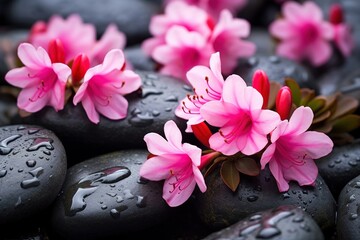 Obraz na płótnie Canvas Azalea flowers on pebbles background, zen stones with pink flowers. Flat lay composition. Spa concept. Banner design