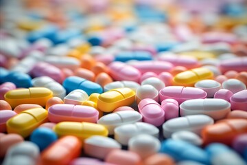Assortment of colorful medical pills in apothecary bottles, concept of healthcare and medication