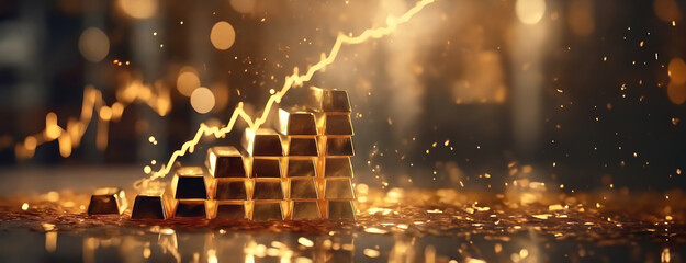 Gold bars in a pyramid arrangement catch fire, surging prices in a volatile market. Rising gold prices, concept of inflation. - obrazy, fototapety, plakaty