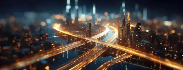 Foto op Canvas Cyber Metropolis: Glowing highways weave through a neon-lit skyline. Illuminated paths crisscross in harmony, creating a network of light in the city's nocturnal heart. © vidoc