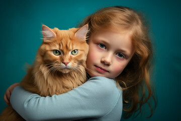 Golden haired beautiful caucasian little girl hugging fluffy ginger cat on blue background.