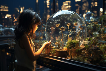 Naklejka premium Little long haired girl looks with interest at a small plant seedlings growing in glass, artificial ecosystem, night city