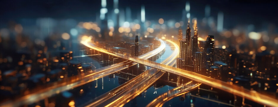 Cyber Metropolis: Glowing highways weave through a neon-lit skyline. Illuminated paths crisscross in harmony, creating a network of light in the city's nocturnal heart.