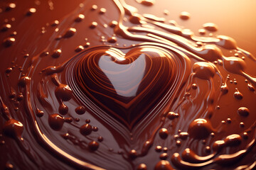 Melted milk chocolate in heart shape background