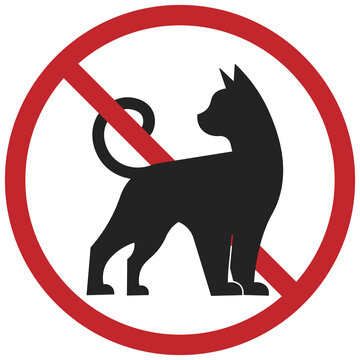 Isolated pictogram sign of pets not allow, no pet allowed, animal do not enter sign with illustration black cat in red circle crossed out