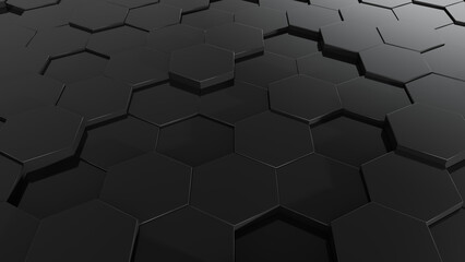 3d abstract black background.  Abstract dark hexagon mosaic wall. 3d rendering