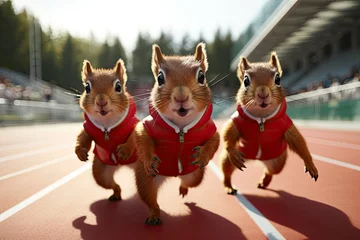 Papier Peint photo autocollant Écureuil Three red squirrels in sportswear running at racing speed on a sports track at a stadium.