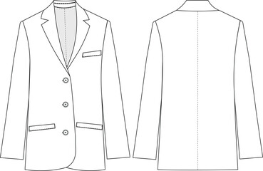 buttoned welt pocket blazer woman jacket template technical drawing flat sketch cad mockup fashion design style model - obrazy, fototapety, plakaty