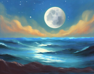 Beautiful Painting Style Moon at the Ocean
