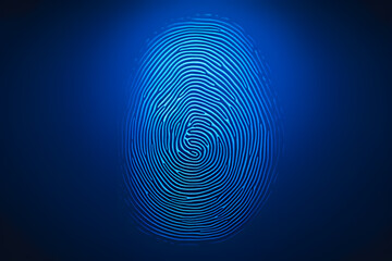 Security access, cyber technology. Fingerprint scan on deep blue background - obrazy, fototapety, plakaty