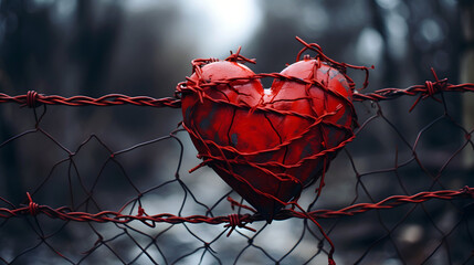 A red heart symbol wrapped in barbed wire fence. Valentines day and love concept