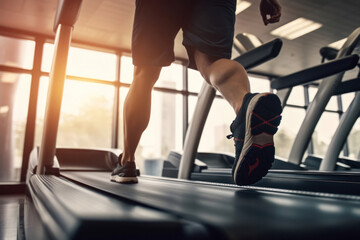 Fototapeta na wymiar The focus is on the legs of a person running on a treadmill in a sunlit gym, capturing the energy and determination of a fitness routine.